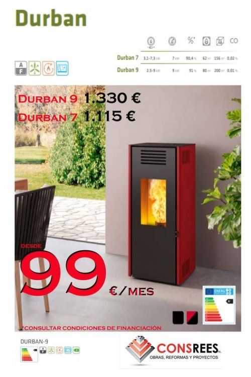 La estufa de pellet DURBAN dispone de todas las ventajas de una estufa de pellet a un precio por el que no encontrarás nada igual
