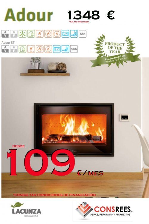 Insertable con elementos diferenciadores como lo son su medida idónea para instalar en hogares abiertos existentes, maxima visión del fuego, 100% silencioso, 2 salidas de aire, aparato estanco, monomando, fácil instalación y patas regulables